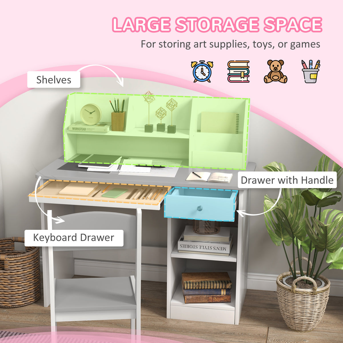 Qaba Kids Desk and Chair Set for 5-8 Year Old with Storage, Study Table and Chair for Children