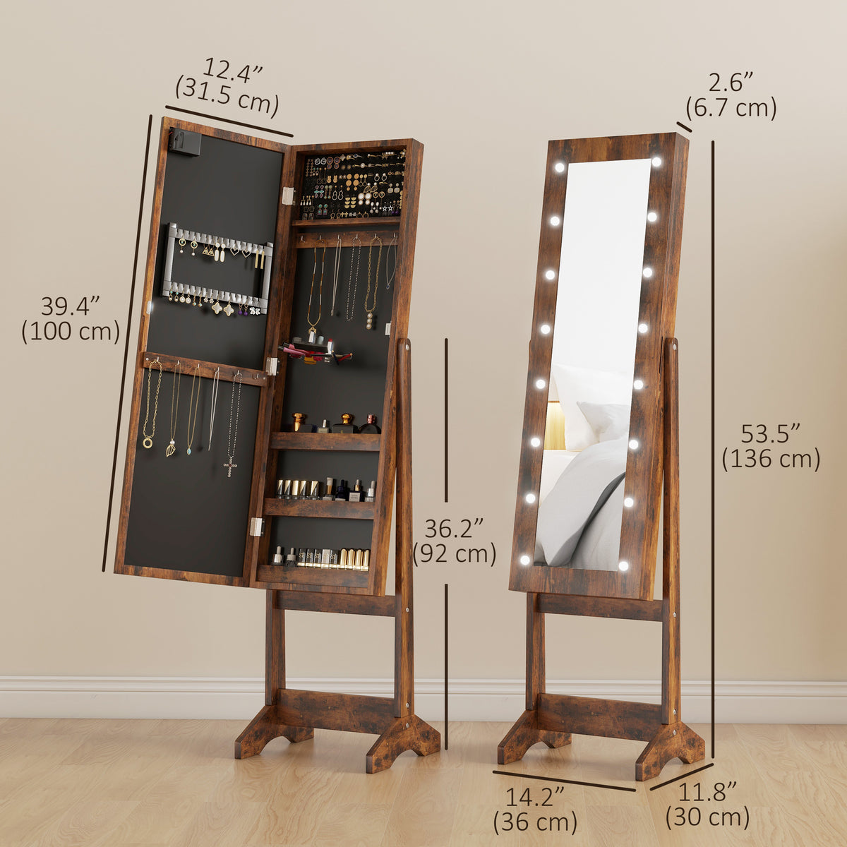 Free Standing Armoire Organizer, Lighted Mirrored Jewelry Cabinet w/ Angle Adjustable & 16 LED Lights Warm – view 30