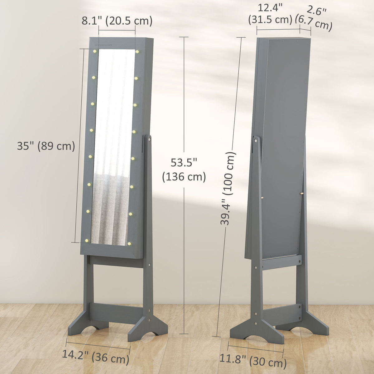 Free Standing Armoire Organizer, Lighted Mirrored Jewelry Cabinet w/ Angle Adjustable & 16 LED Lights Warm – view 16