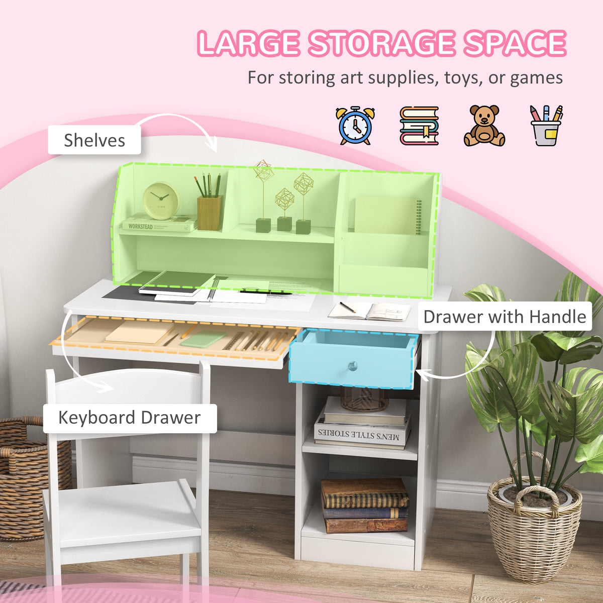 Qaba Kids Desk and Chair Set for 5-8 Year Old with Storage, Study Table and Chair for Children