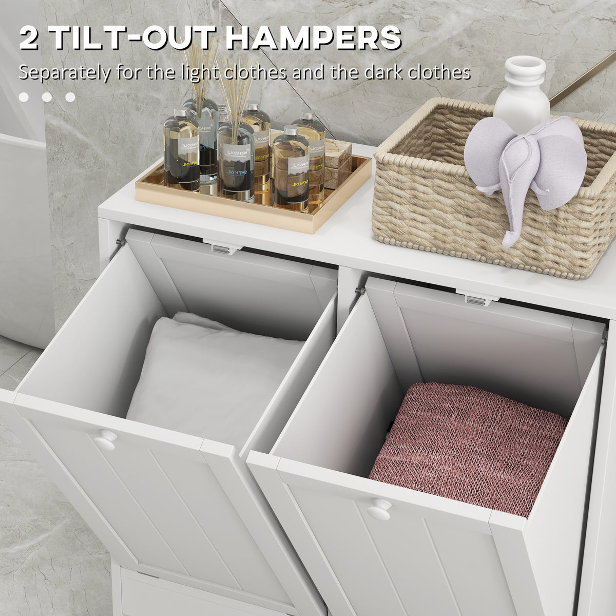 Tilt-Out Laundry Storage Cabinet, Modern Laundry Hamper with 2 Compartments for Bathroom Washroom, Black – view 10