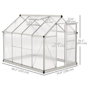 6' x 8' x 6.6' Polycarbonate Greenhouse, Walk-In Green House Kit Garden, Plants Grow, Galvanized Sheet Aluminum Frame with Rain Gutter, Vent and Sliding Door, Silver