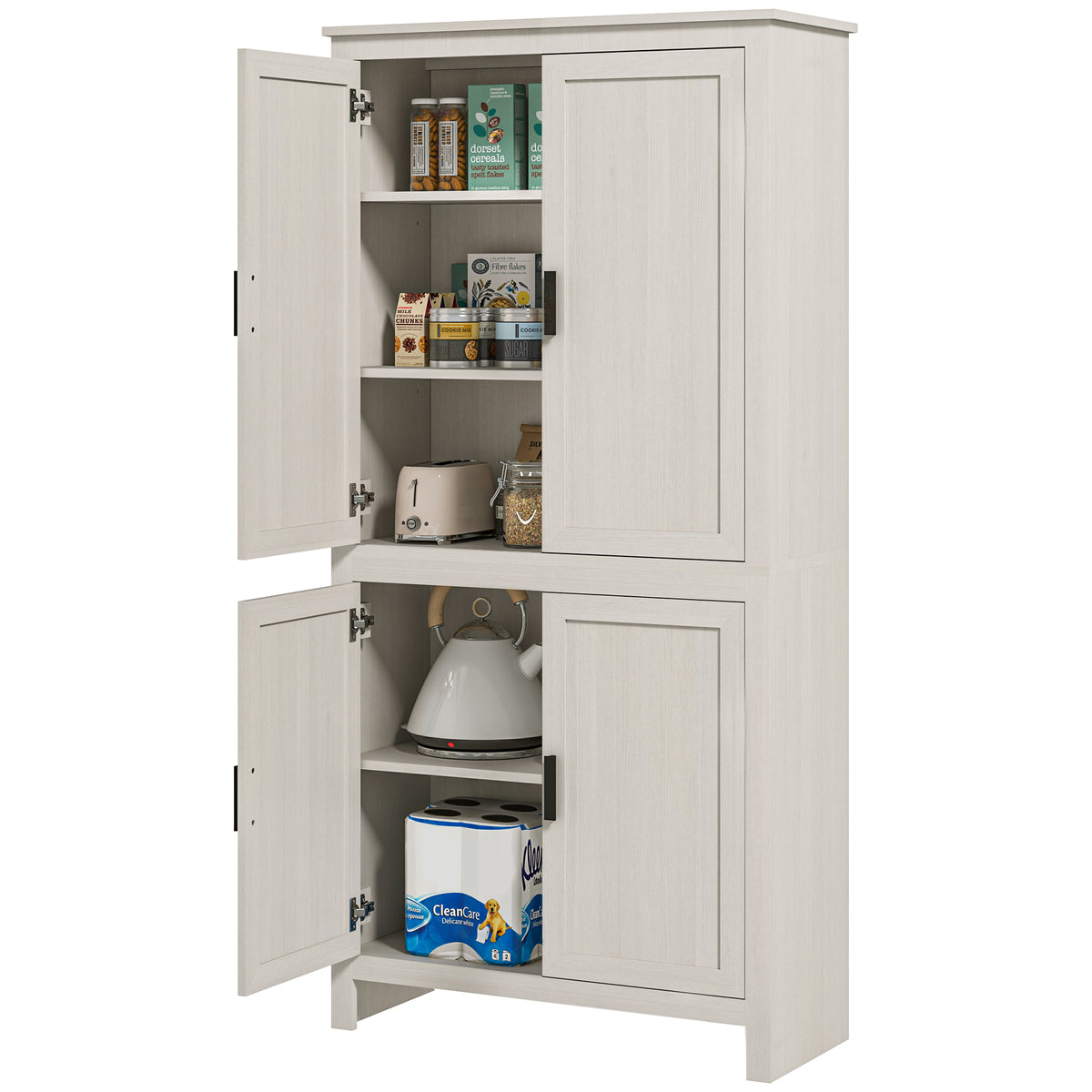 64" Kitchen Pantry Cabinet, Freestanding Storage Cabinet with 4 Doors, 3 Adjustable Shelves, Antique White