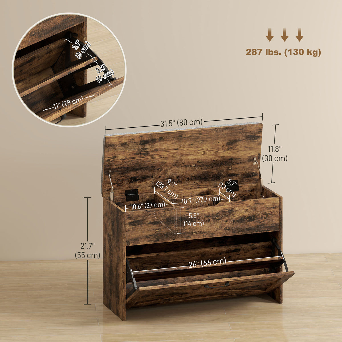 Shoe Storage Bench with Flip Drawer and Lift Top Storage, Entryway Bench with Seat Cushion for Hallway – view 9