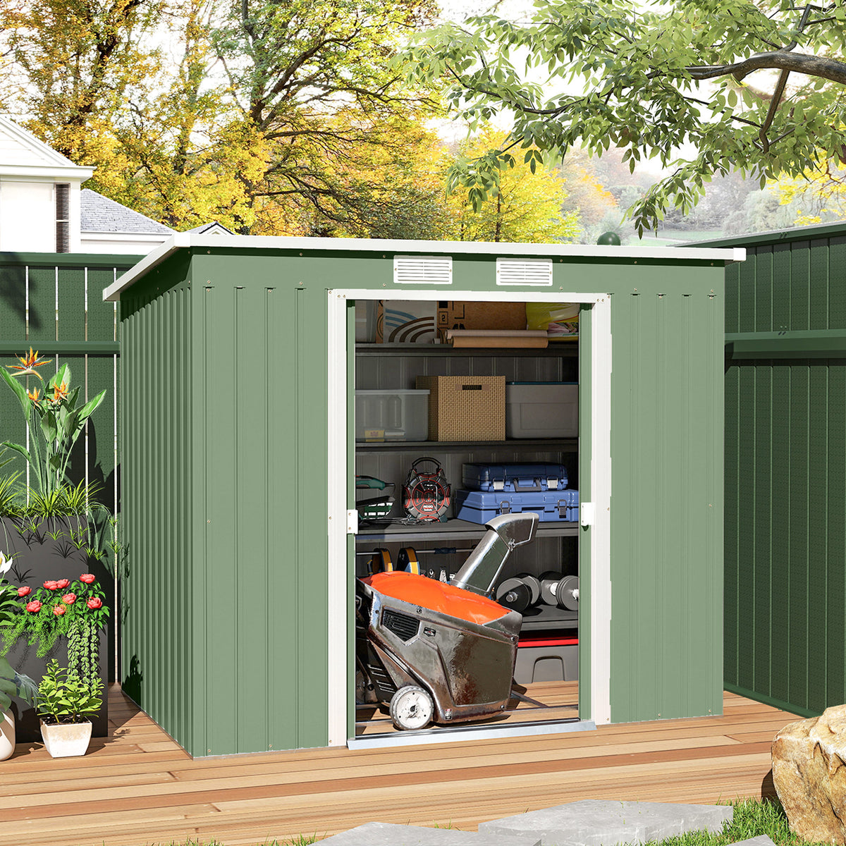 7' x 4' Galvanised Steel Garden Shed, with Foundation Kit - Green – view 7