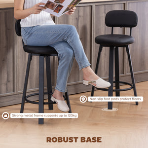 Bar Stools Set of 2, Upholstered Breakfast Bar Chairs with Footrest and Backrest for Kitchen Counter, Black