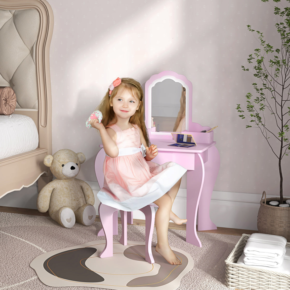 Qaba Makeup Vanity with Mirror and Stool, Cloud Design, Drawer, Storage Boxes, for 3-6 Years Old, Pink