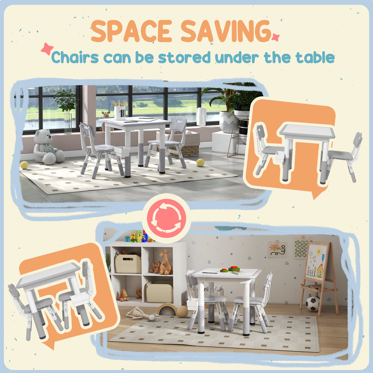 Qaba 3 Pieces Toddler Table and Chair Set, Height Adjustable Kids Table and Chair Set w/ Storage, for Playroom