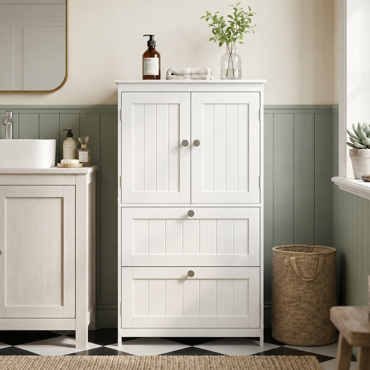Bathroom Storage Cabinet, Narrow Bathroom Cabinet with  2 Drawers, Adjustable Shelf for Living Room, Entryway, White