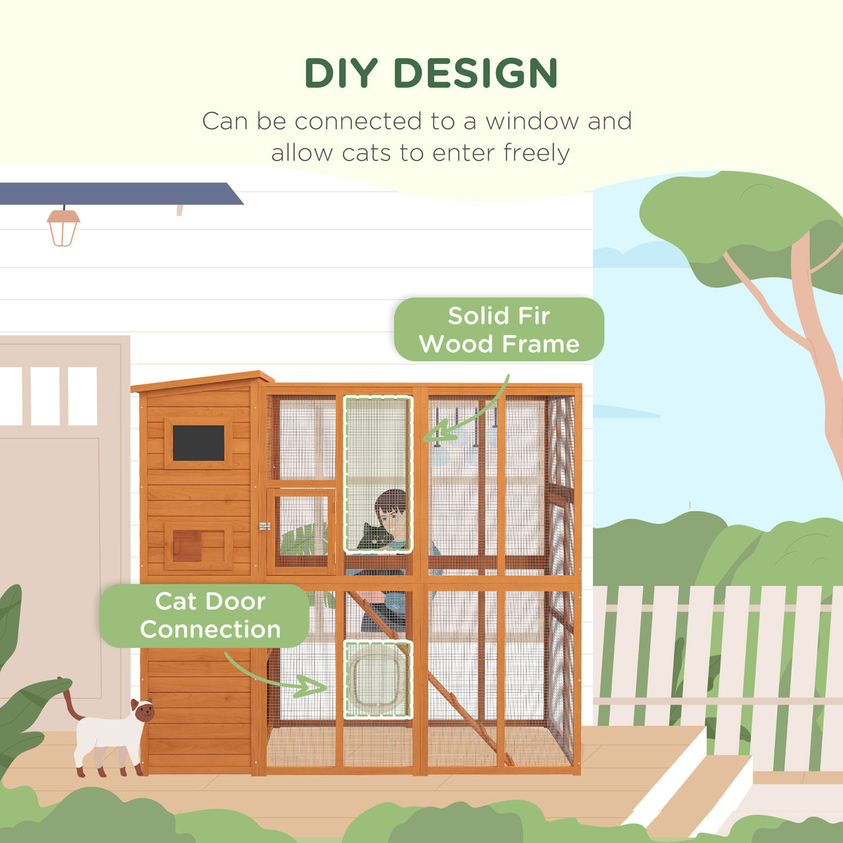 68.75" H Cat Cage Large Wooden Outdoor Cat House with Large Run for Play, Catio for Lounging, and Condo Area for Sleeping, Natural