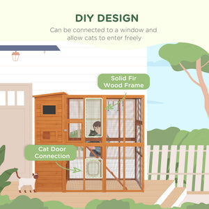 68.75" H Cat Cage Large Wooden Outdoor Cat House with Large Run for Play, Catio for Lounging, and Condo Area for Sleeping, Natural