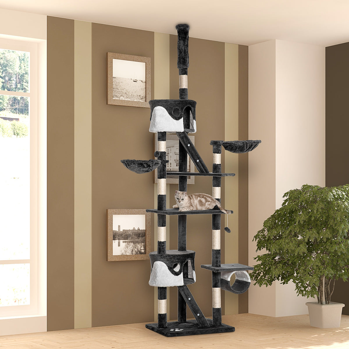 94"-102" Huge Cat Tree Ceiling High Cat Condo Scratching Post Activity Center Multi-Level Play House Light – view 35