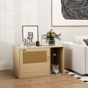 Cat Litter Box Enclosure, Cat Washroom End Side Table with Rattan Door, Scratching Pad, Non-slip Foot Pads – view 7