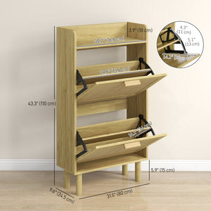 Slim Shoe Storage with 2 Flip Drawers and Adjustable Shelves, Rattan Shoe Cabinet Organizer for 12 Pair, Oak