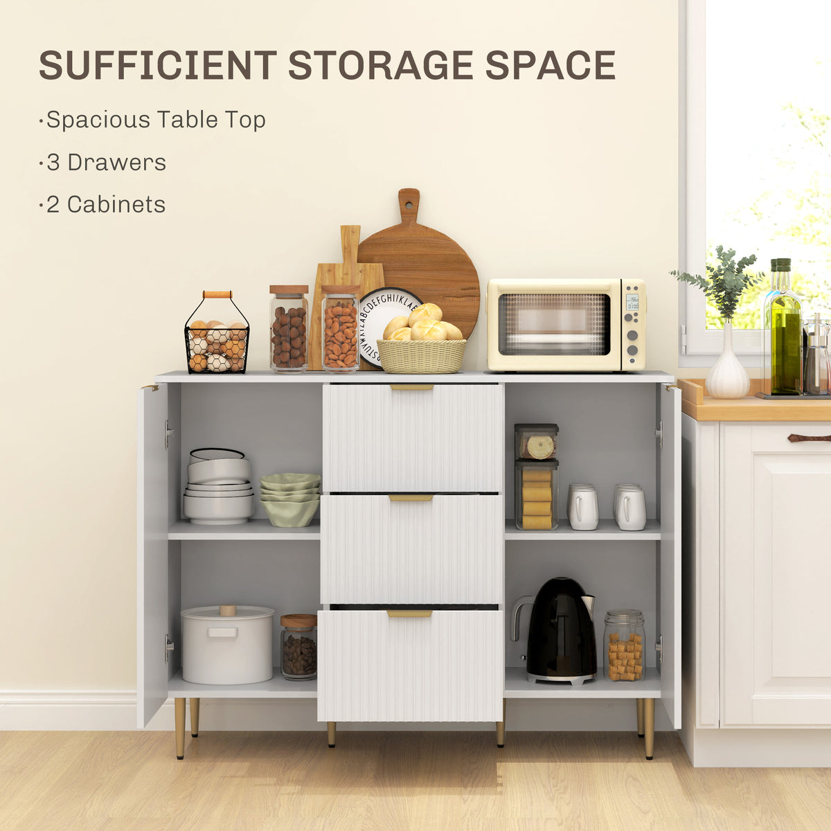 Modern Kitchen Storage Cabinet, Sideboard Buffet Cabinet w/ 3 Drawers and Adjustable Shelves for Kitchen – view 17
