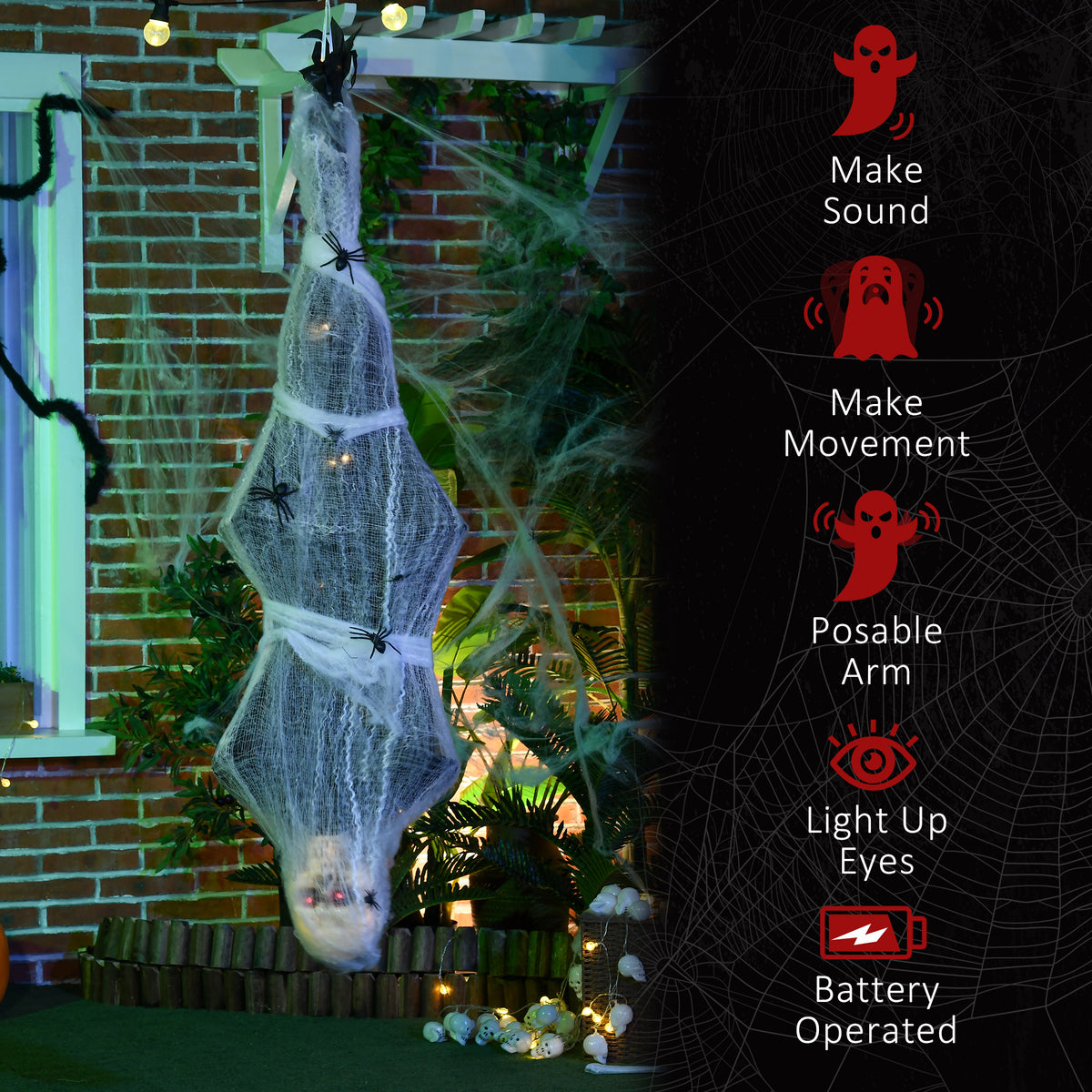 55.9 Inch/4.7ft Life Size Outdoor Halloween Decoration Hanging Mummy with Spider Web, Animated Prop Decor with Sound and Motion Activated, Light Up Eyes, Creepy Sound