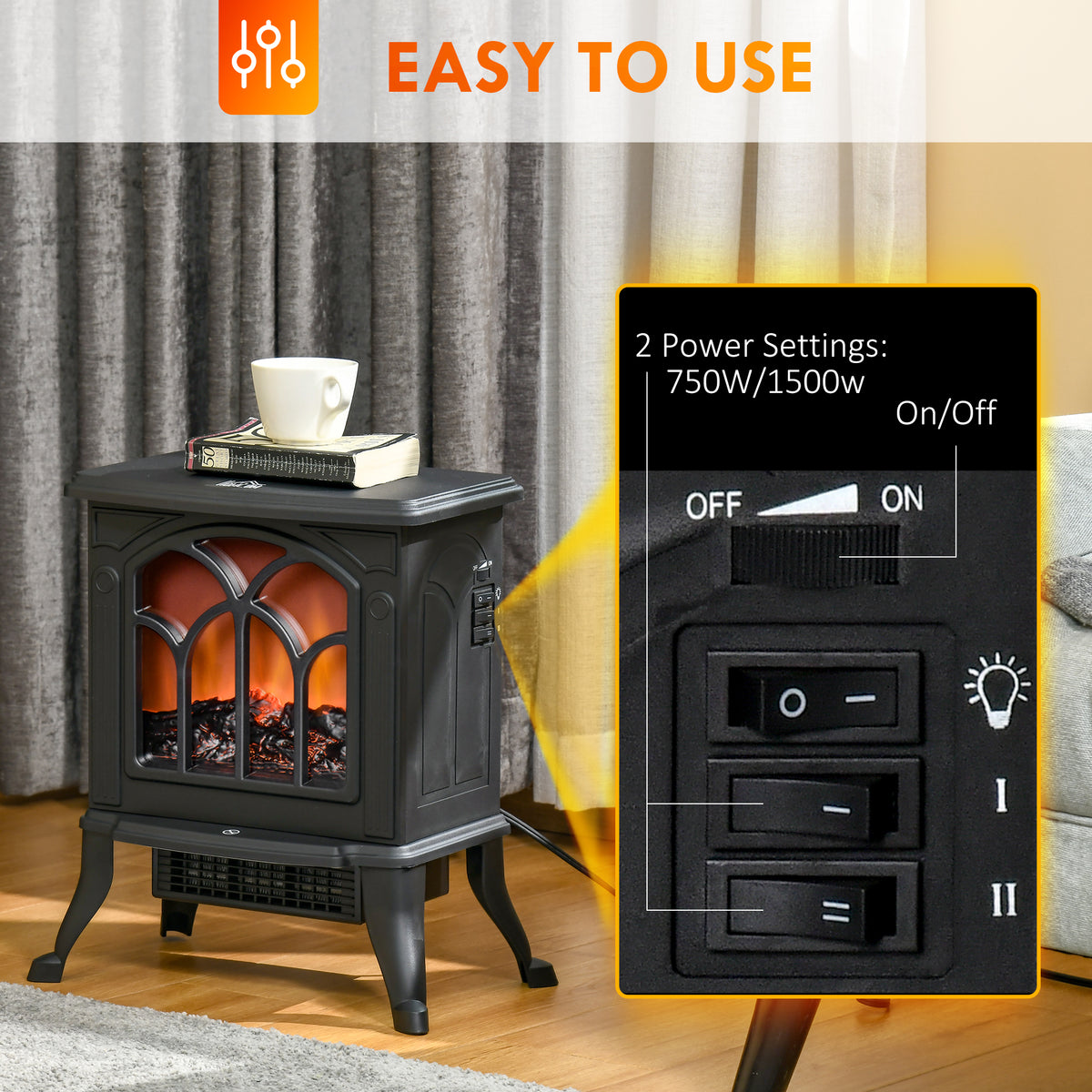 Electric Fireplace Heater, Freestanding Fireplace Stove with Realistic Flame, Overheat Protection – view 4