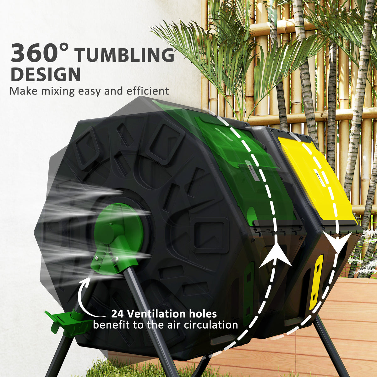 Rotating Composter, Dual Chamber Compost Bin with 24 Vents and Steel Legs, 34.5 Gallon, Brown