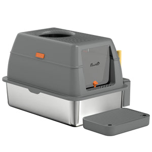 XL Stainless Steel Cat Litter Box, 80L Kitty Litter Box with Front/Top Entry, Trapping Step, Scoop, for Large Big Cats