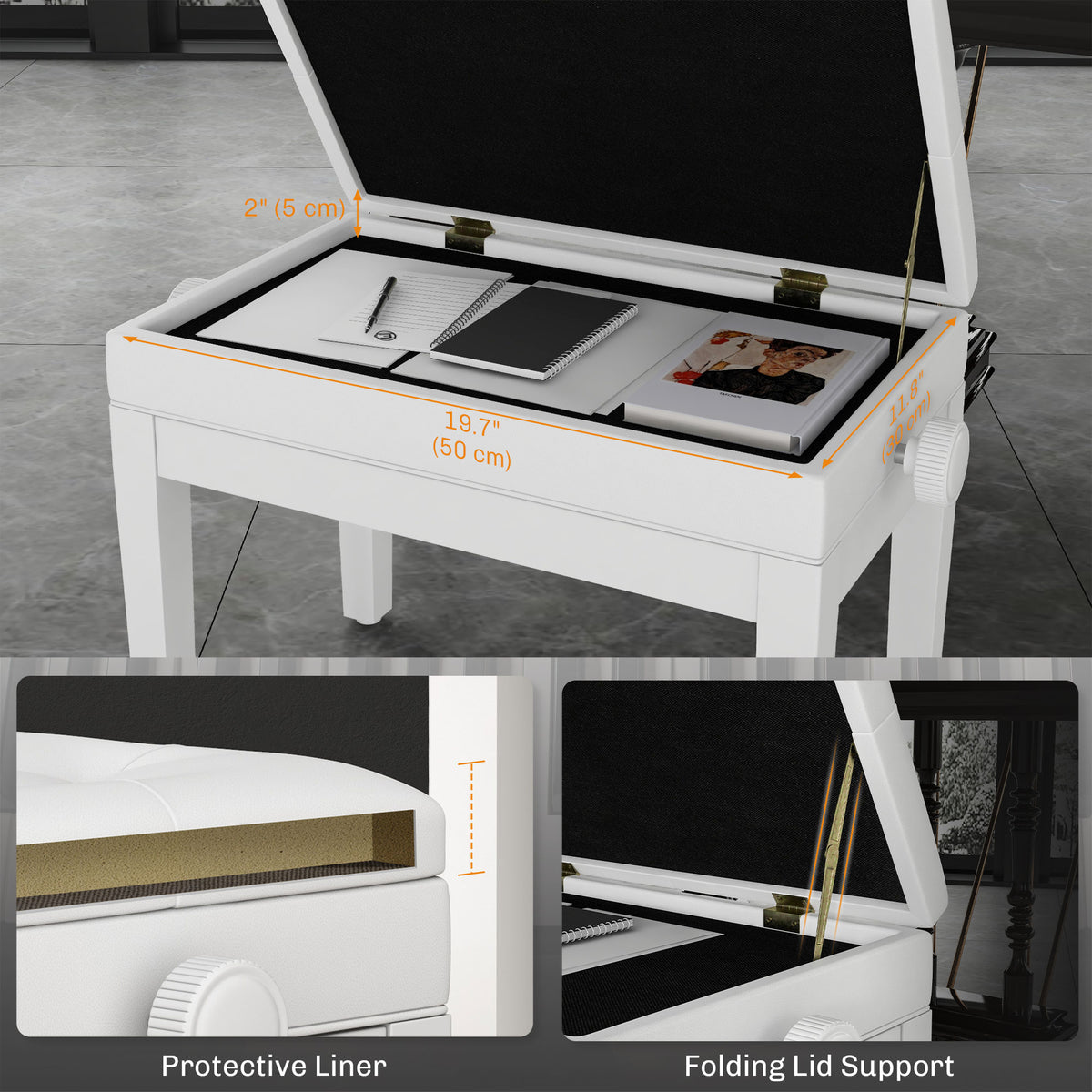 Adjustable Piano Bench with Storage and Soft PU Leather Padded, with Enough Music Storage Design, White