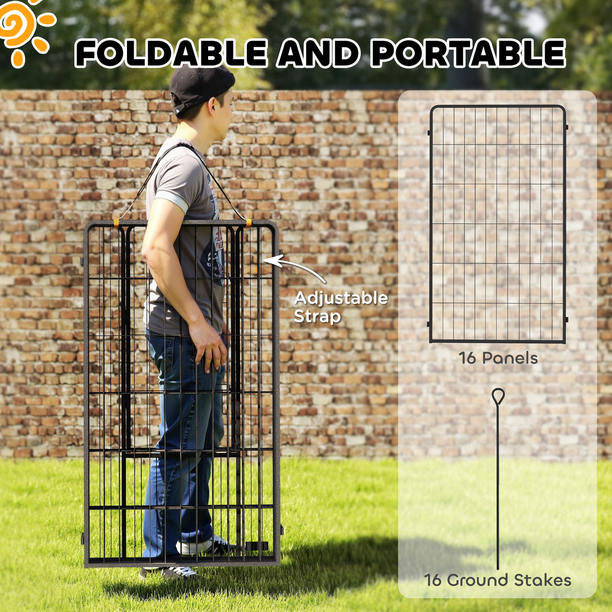 16 Panels Dog Playpen with Straps, Portable & DIY, for Small Dogs, for Yard, RV, Camping, Garden, 24" Height