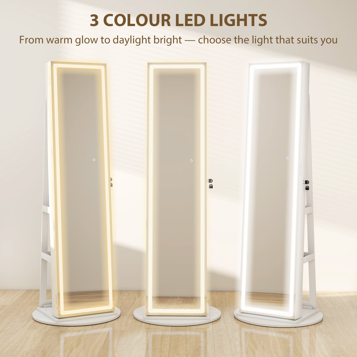 Jewelry Cabinet with Full Length Lockable Mirror, Standing Jewelry Armoire Organizer with LEDs, White