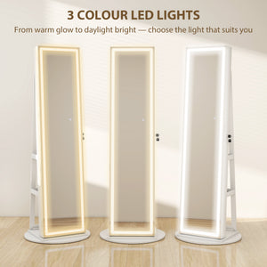 Jewelry Cabinet with Full Length Lockable Mirror, Standing Jewelry Armoire Organizer with LEDs, White
