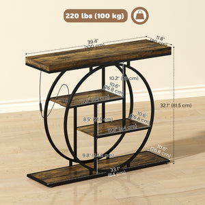 4-Tier Entryway Table with Charging Station LED Lights 39" Console Table with Circle Base for Living Room, Rustic Brown