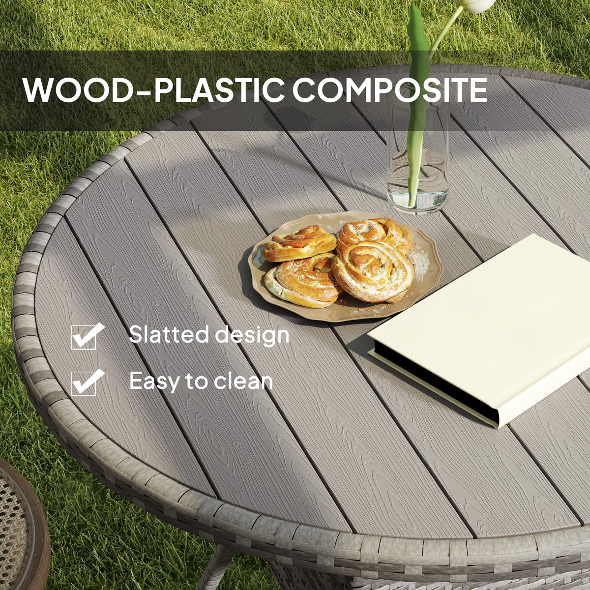 27.5" Outdoor Wicker Dining Table, PE Rattan Patio Furniture with Wood-plastic Composite Top, Grey – view 11