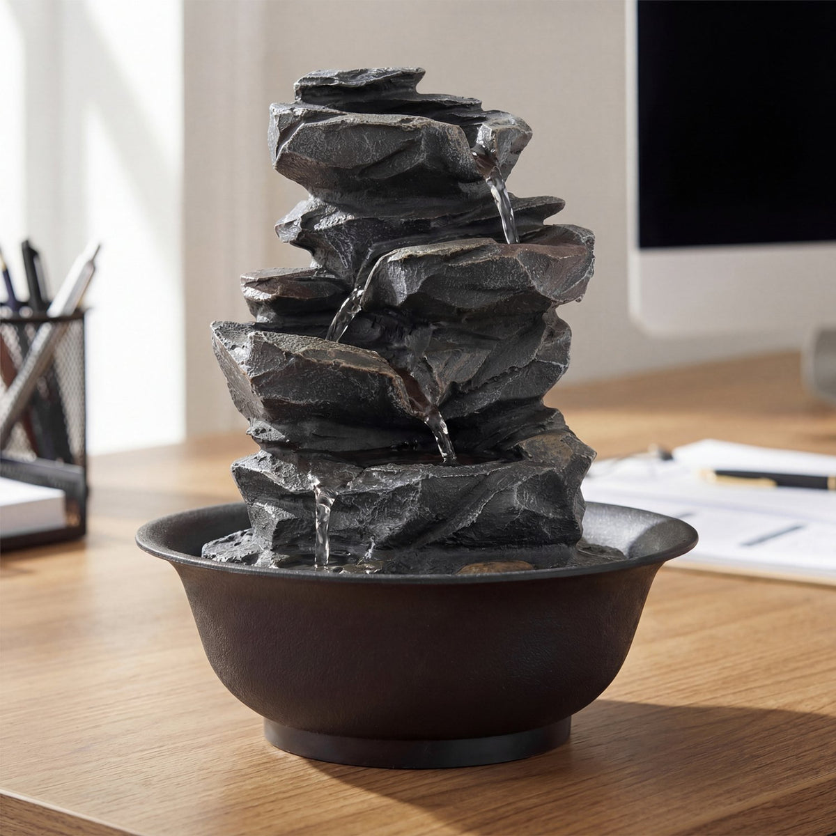 Tabletop Water Fountain with LED Light Indoor Desktop Cascading Water Feature view 3