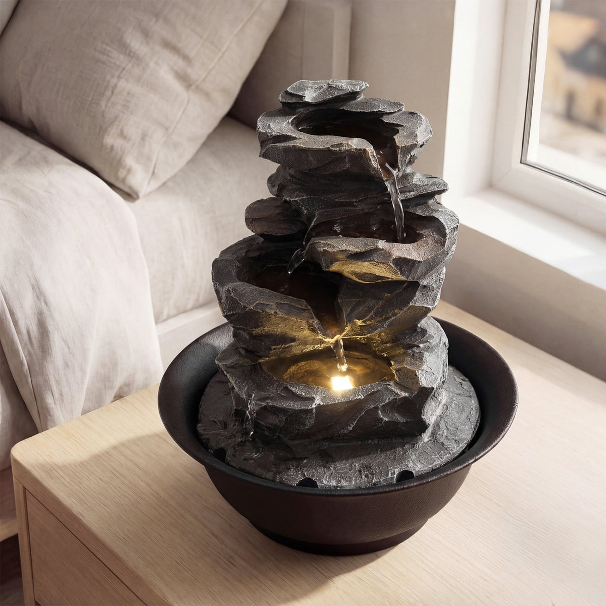 Tabletop Water Fountain with LED Light Indoor Desktop Cascading Water Feature view 6