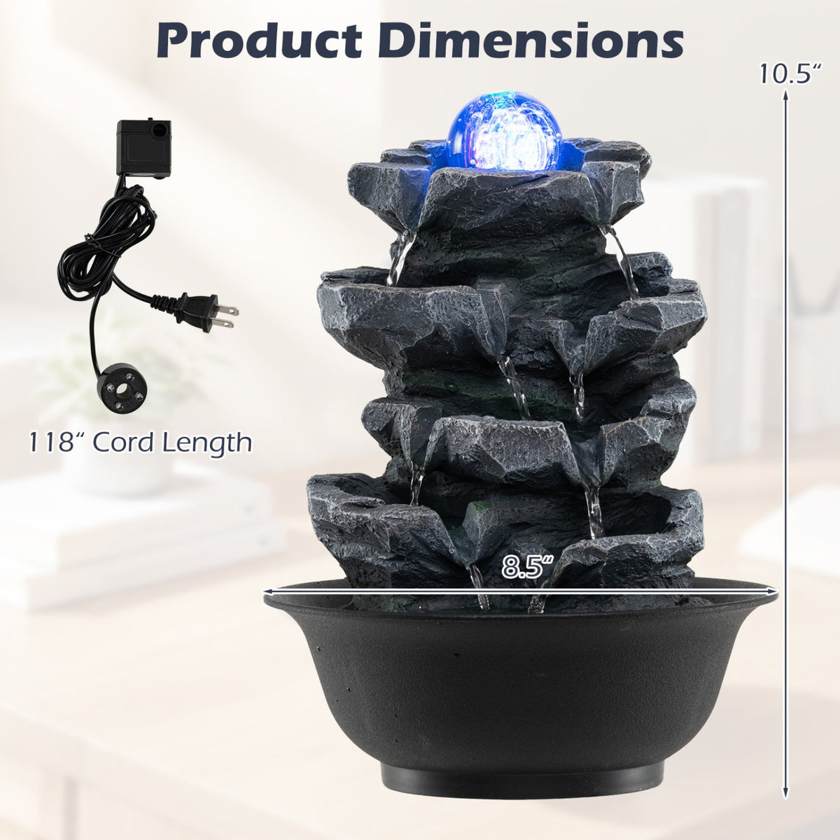 Tabletop Water Fountain with Rolling Crystal Ball and Color-Changing LED Light-D view 5
