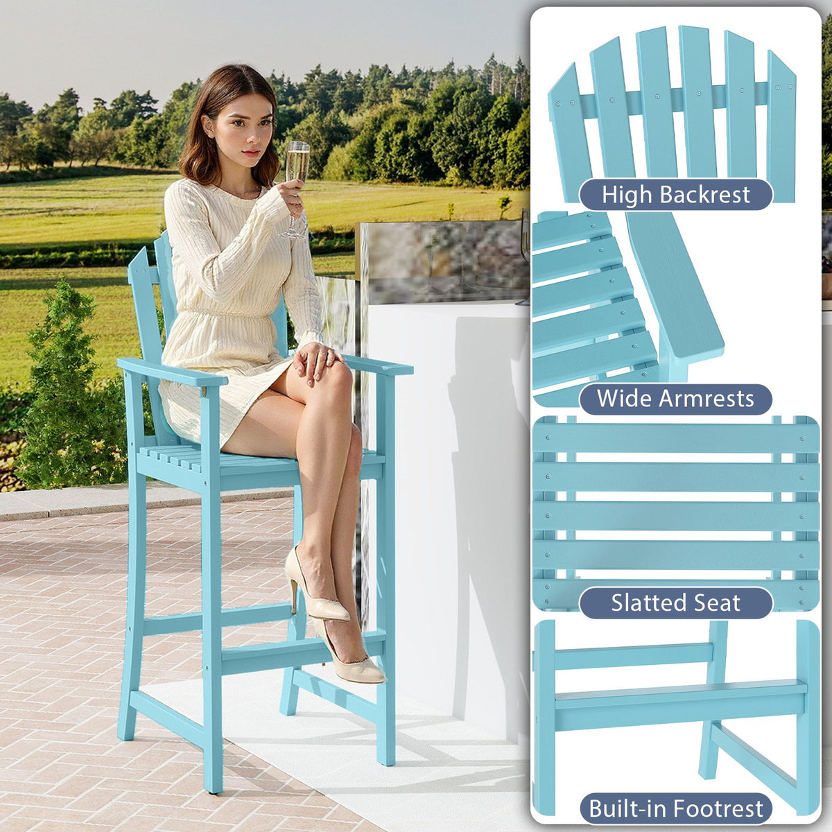 Tall Adirondack Chair with Armrests and Footrest for Deck-Turquoise view 8