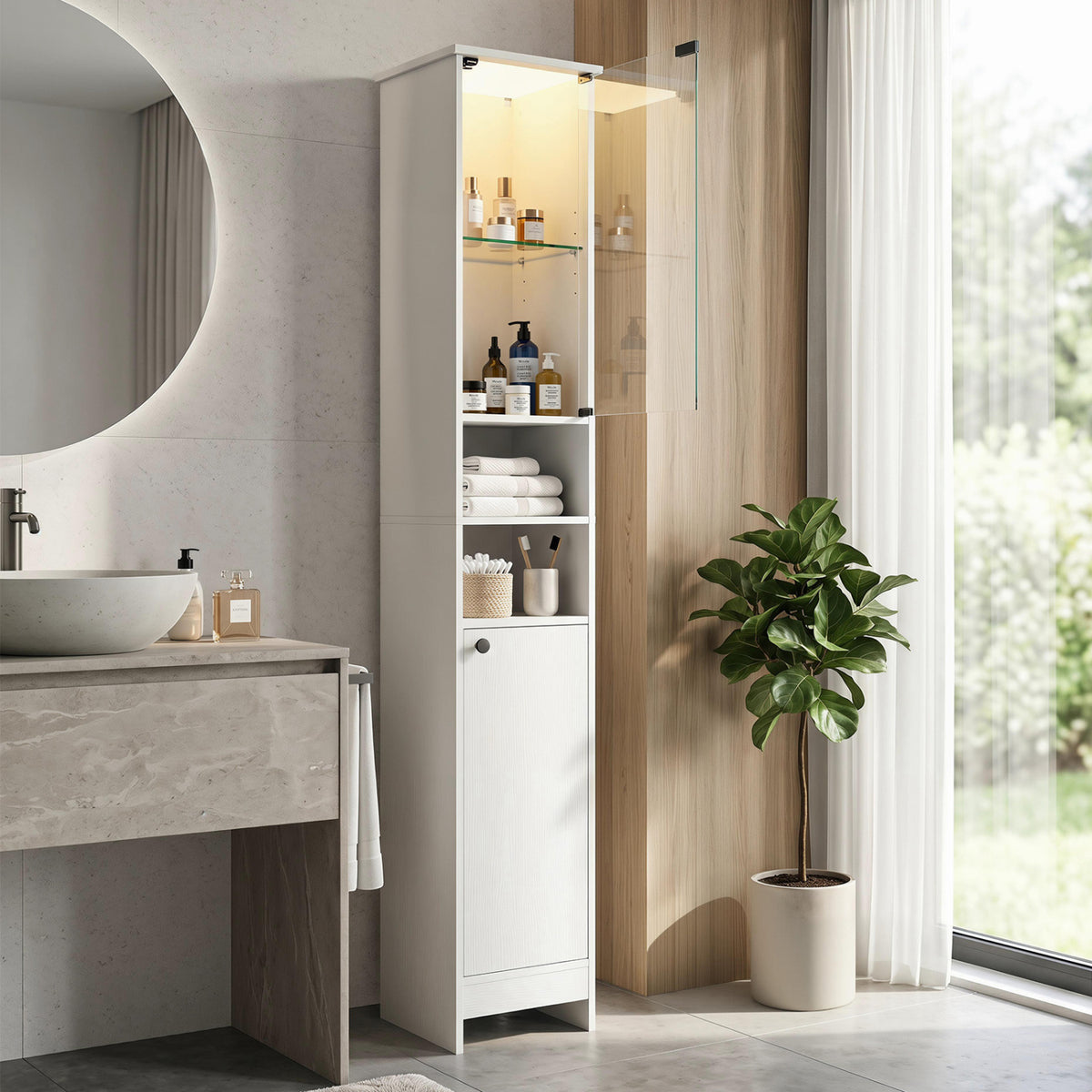 Tall Bathroom Storage Cabinet with LED Lights and Adjustable Shelves-White view 2