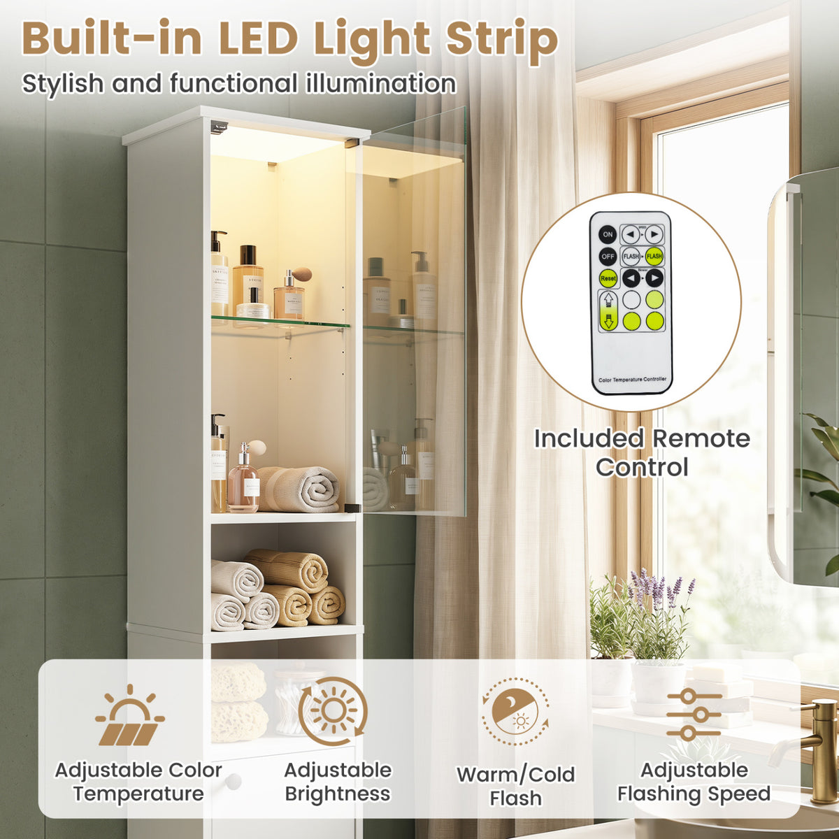 Tall Bathroom Storage Cabinet with LED Lights and Adjustable Shelves-White view 6