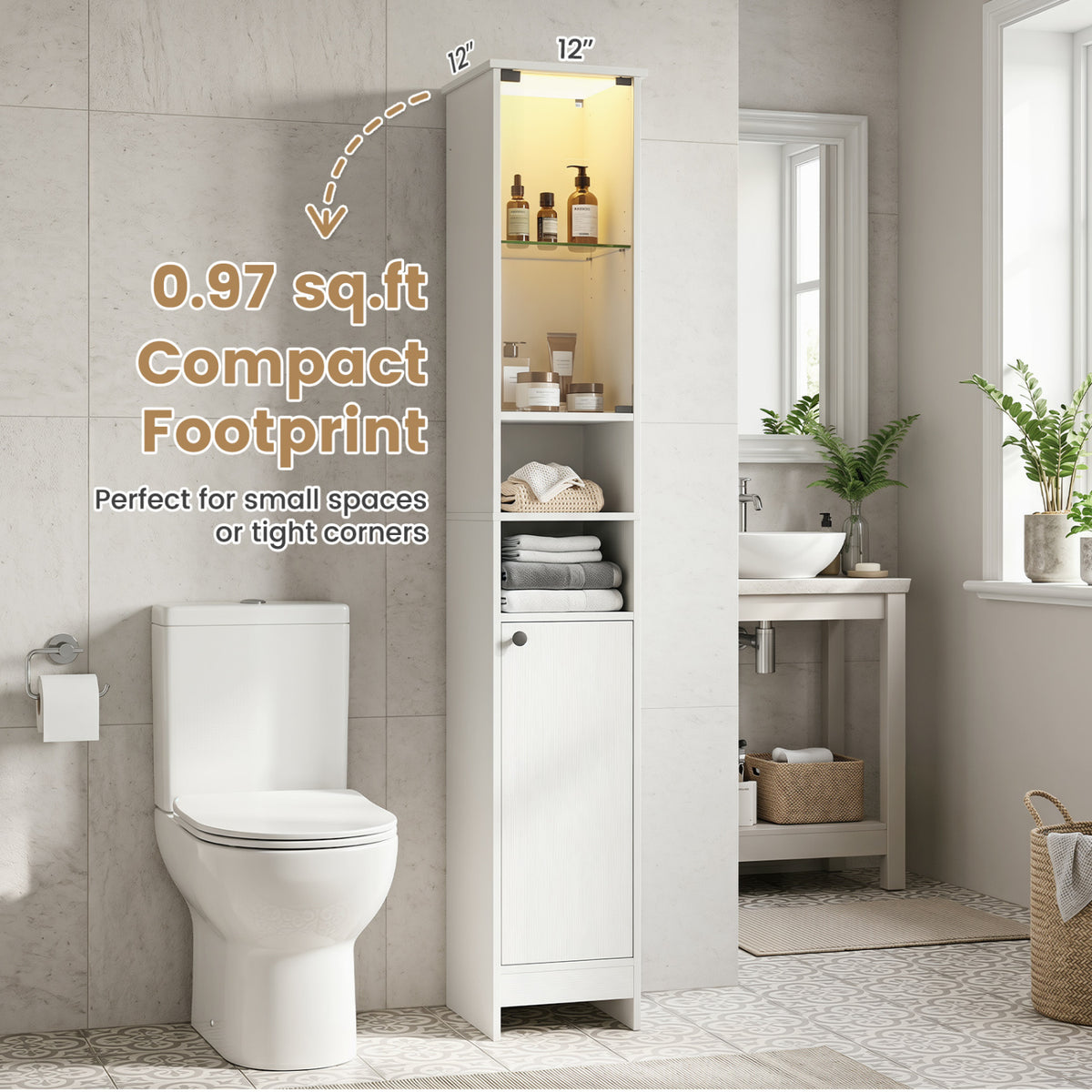 Tall Bathroom Storage Cabinet with LED Lights and Adjustable Shelves-White view 9