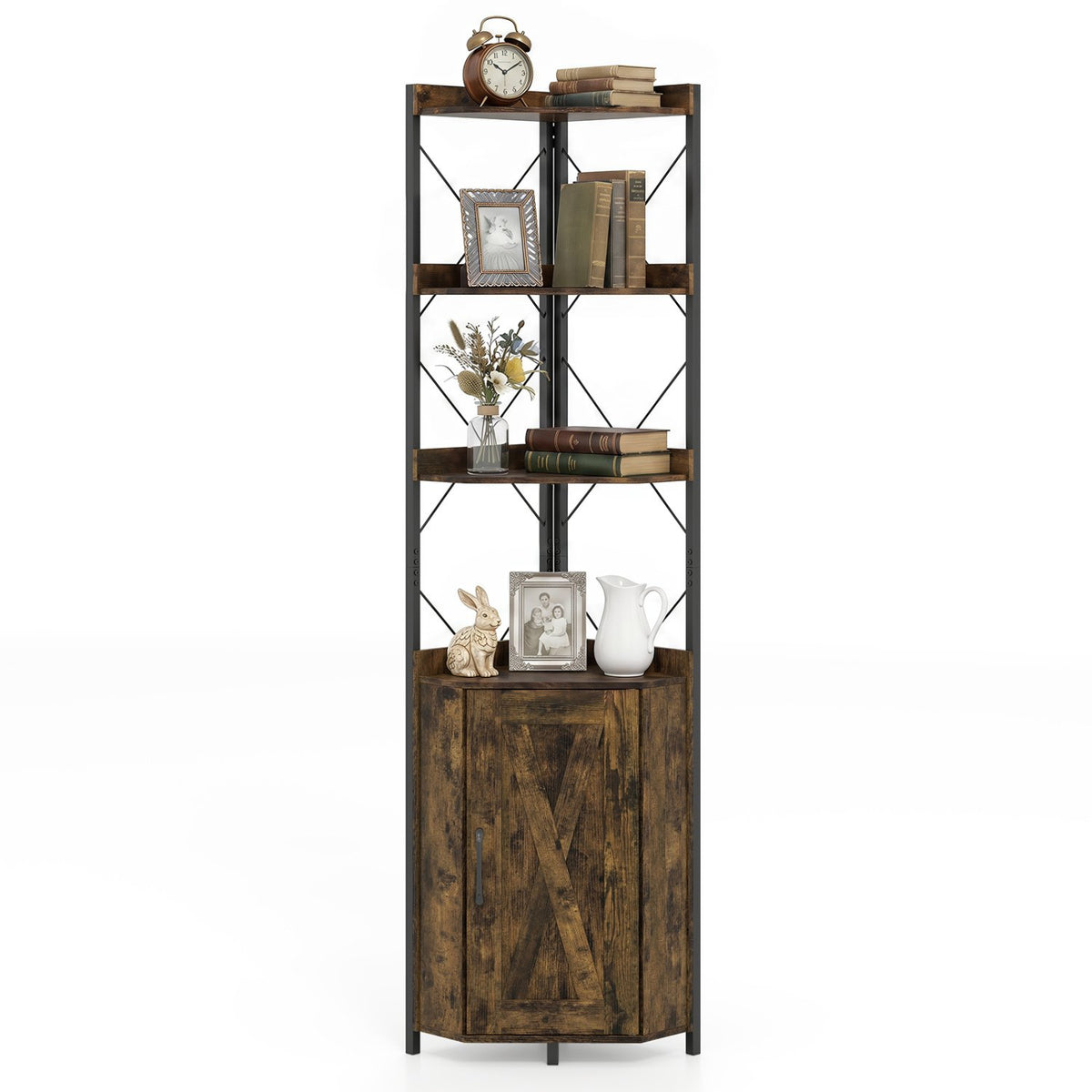 Tall Corner Storage Cabinet with 3-Tier Shelf and Enclosed Cabinet-Rustic Brown