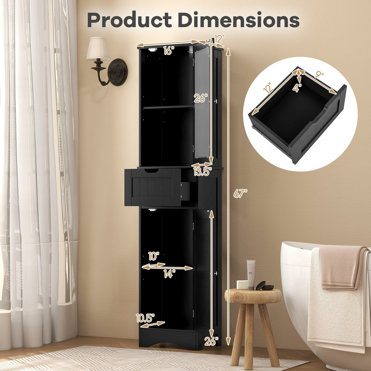 Tall Floor Storage Cabinet with 2 Doors and 1 Drawer for Bathroom-Black view 5