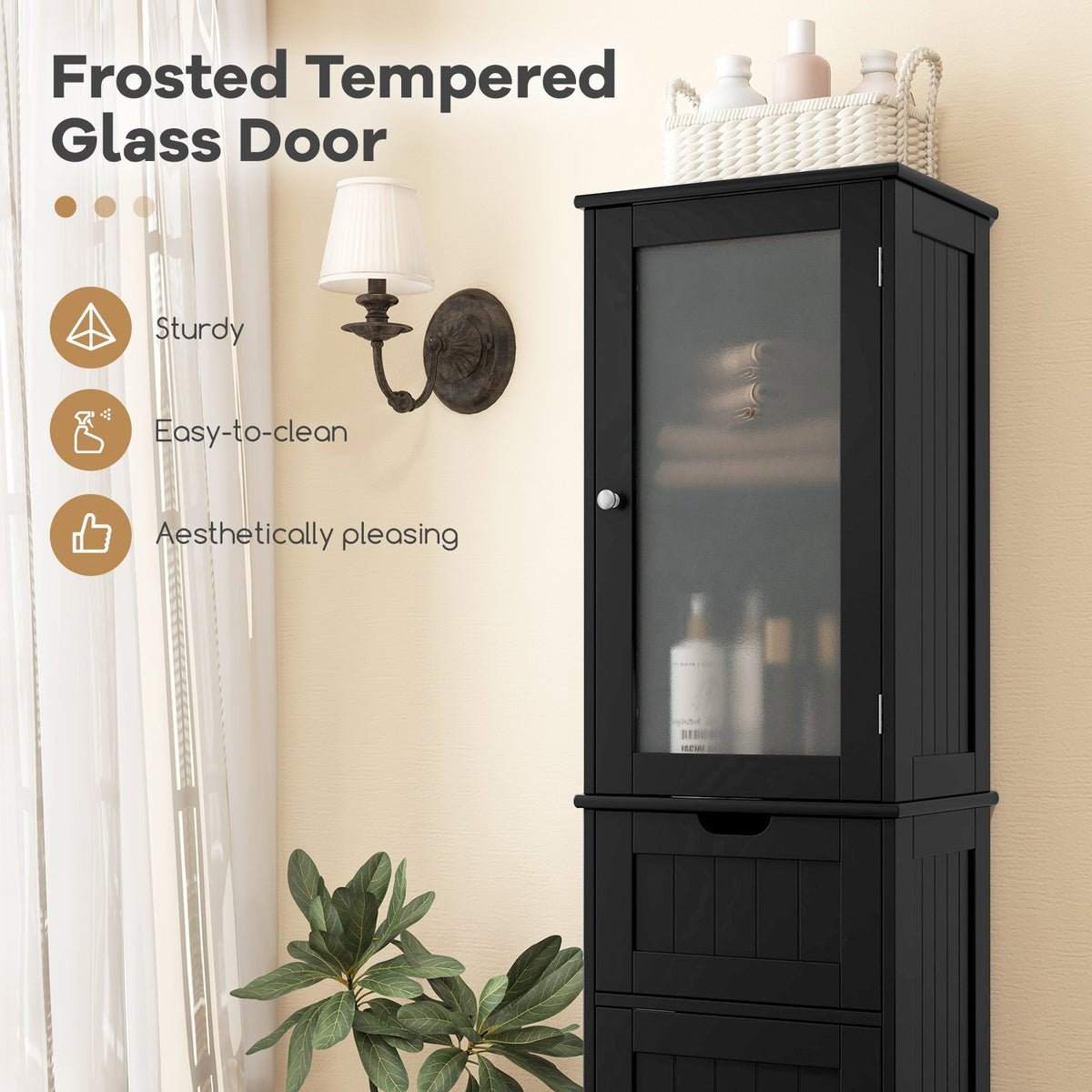 Tall Floor Storage Cabinet with 2 Doors and 1 Drawer for Bathroom-Black view 7