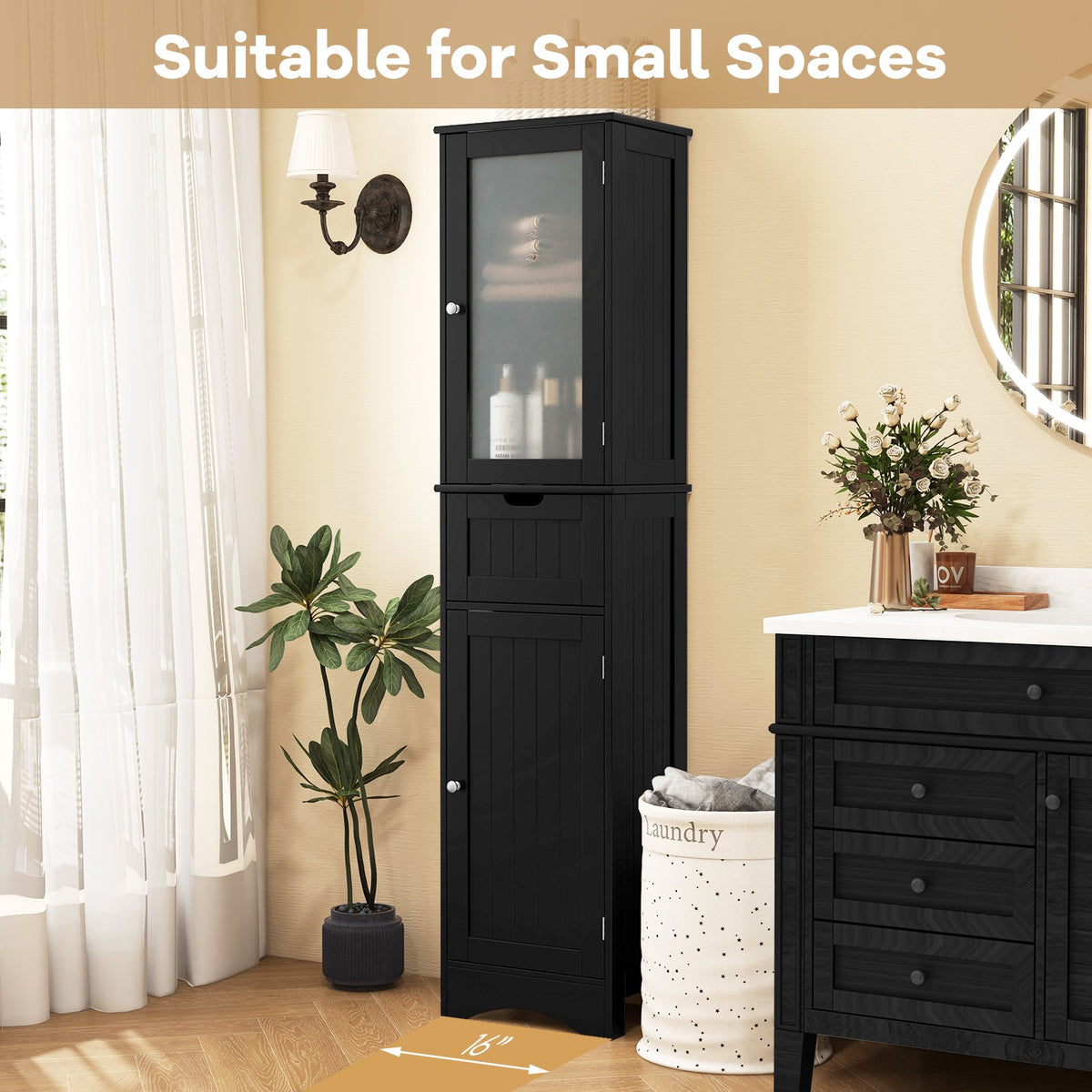 Tall Floor Storage Cabinet with 2 Doors and 1 Drawer for Bathroom-Black view 9
