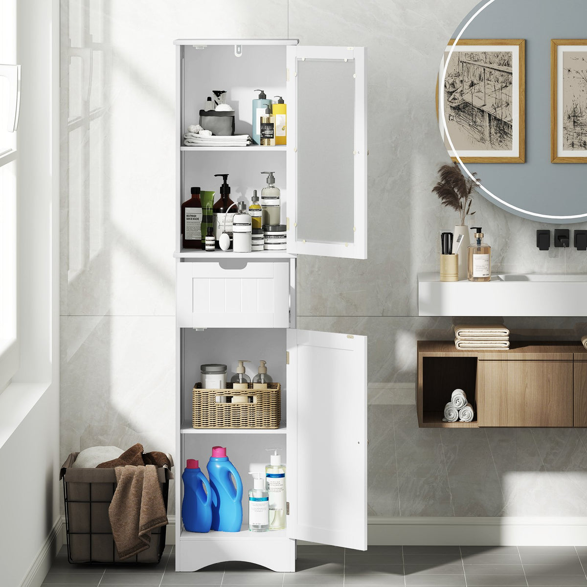 Tall Floor Storage Cabinet with 2 Doors and 1 Drawer for Bathroom-White view 2