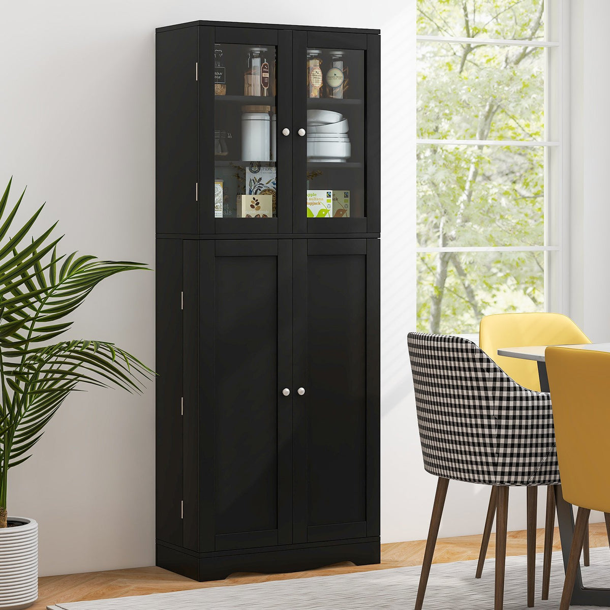 Tall Kitchen Pantry Cabinet with Dual Tempered Glass Doors and Shelves-Black view 2