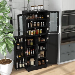 Tall Kitchen Pantry Cabinet with Dual Tempered Glass Doors and Shelves-Black view 3