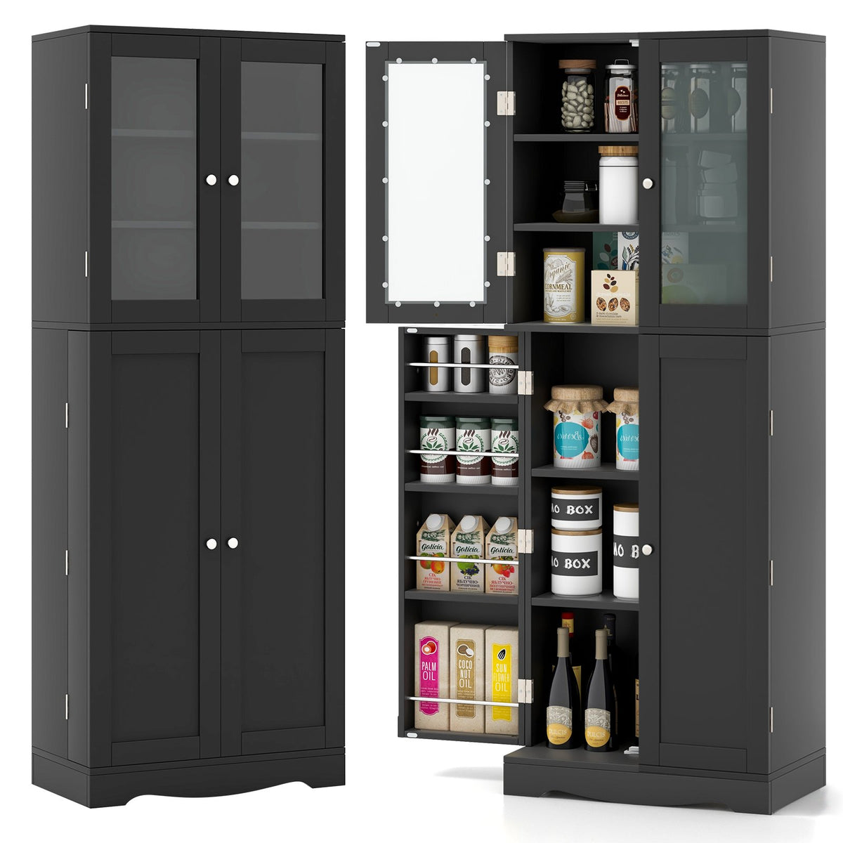 Tall Kitchen Pantry Cabinet with Dual Tempered Glass Doors and Shelves-Black view 4