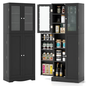 Tall Kitchen Pantry Cabinet with Dual Tempered Glass Doors and Shelves-Black view 4