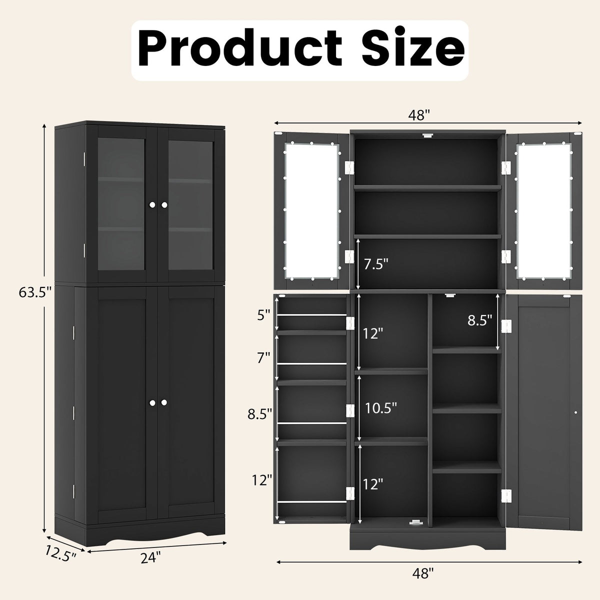 Tall Kitchen Pantry Cabinet with Dual Tempered Glass Doors and Shelves-Black view 5