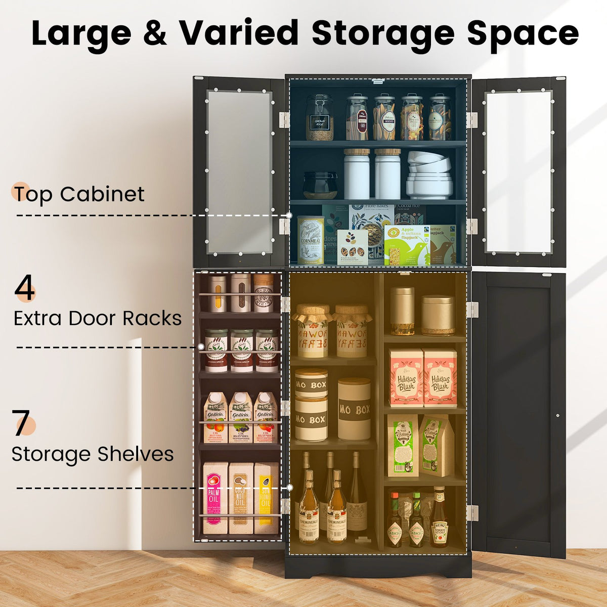 Tall Kitchen Pantry Cabinet with Dual Tempered Glass Doors and Shelves-Black view 6
