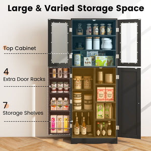 Tall Kitchen Pantry Cabinet with Dual Tempered Glass Doors and Shelves-Black view 6