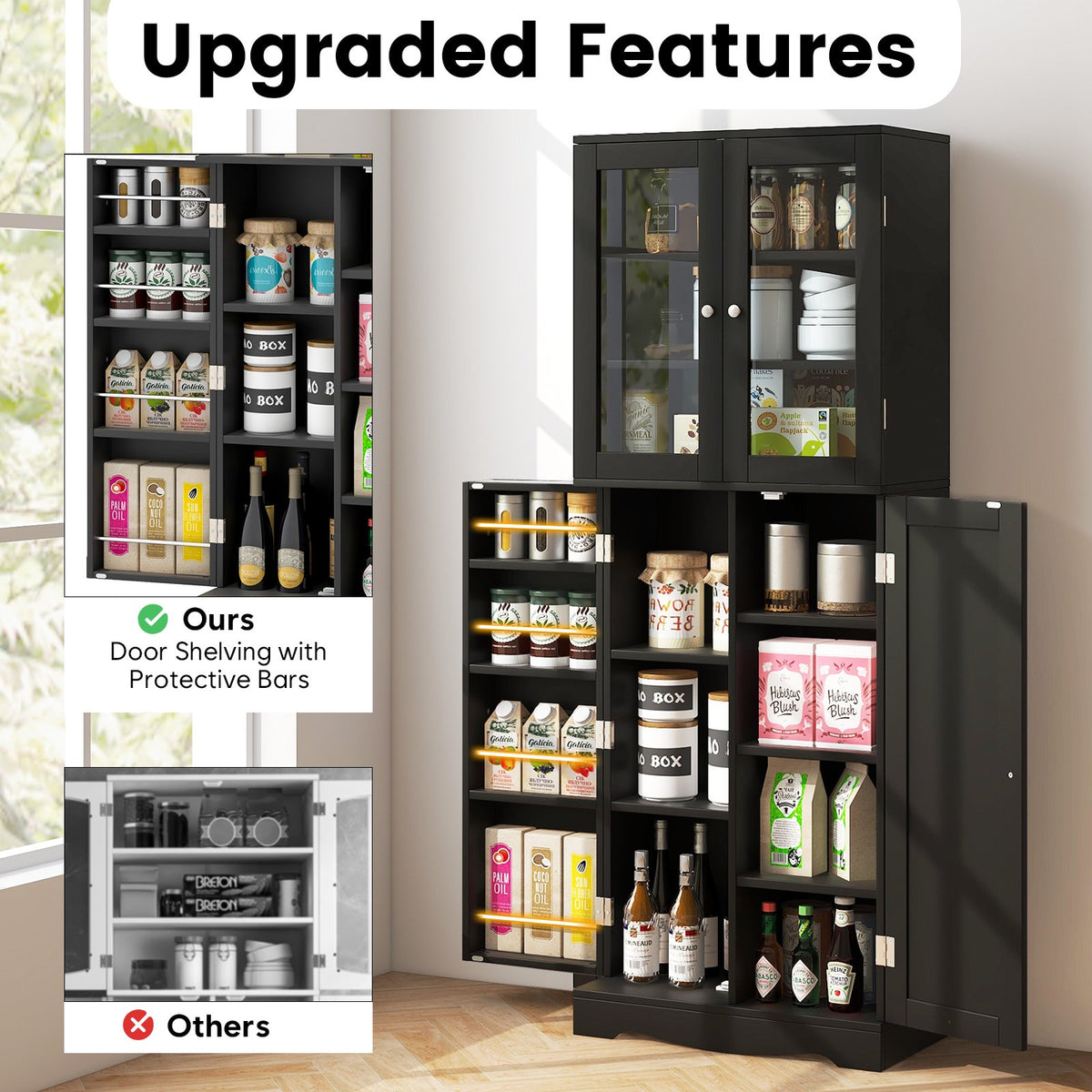 Tall Kitchen Pantry Cabinet with Dual Tempered Glass Doors and Shelves-Black view 7