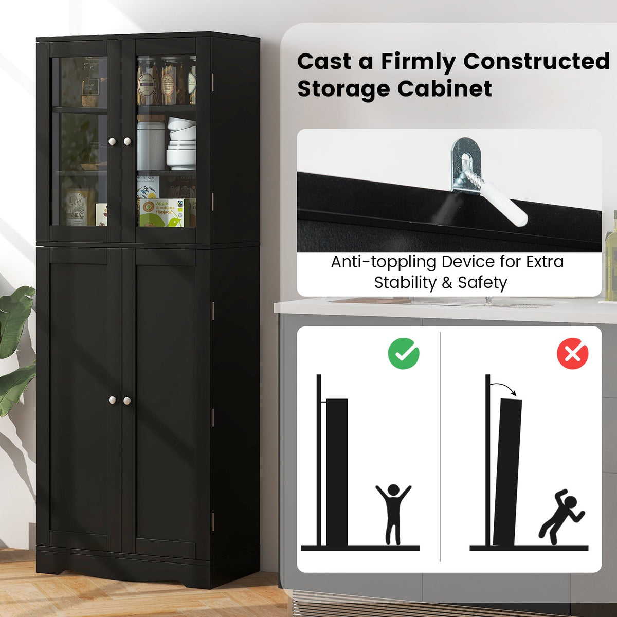 Tall Kitchen Pantry Cabinet with Dual Tempered Glass Doors and Shelves-Black view 8